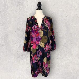 Trina Turk Silk V-Neck Dress Black Pink Floral Print 3/4 Sleeve, Size 6